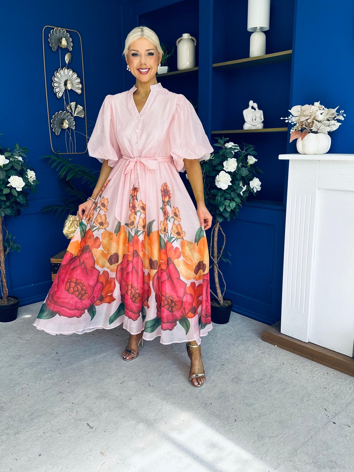 Martina Puff Sleeve Occasion Dress Floral Pink