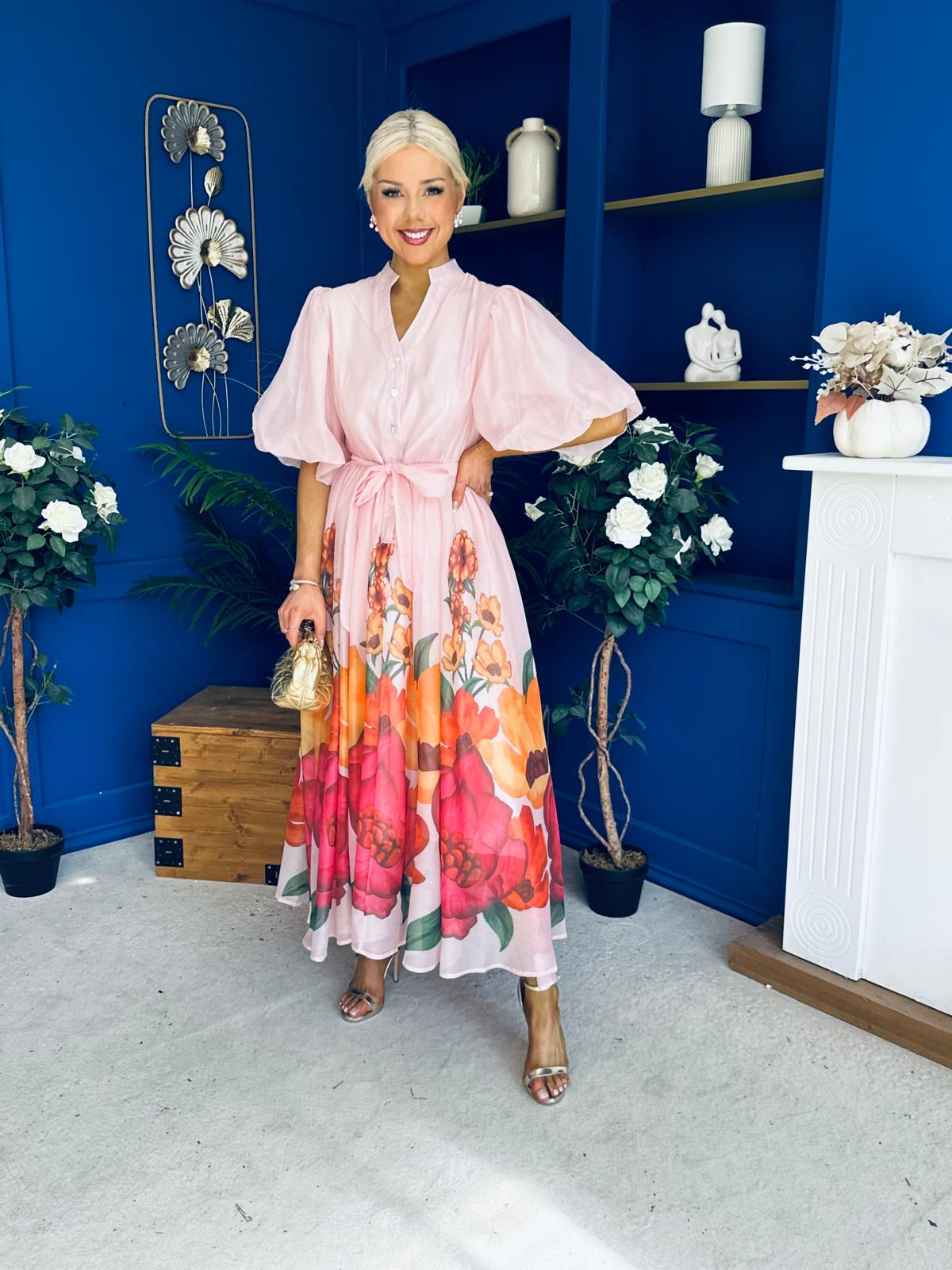 Martina Puff Sleeve Occasion Dress Floral Pink