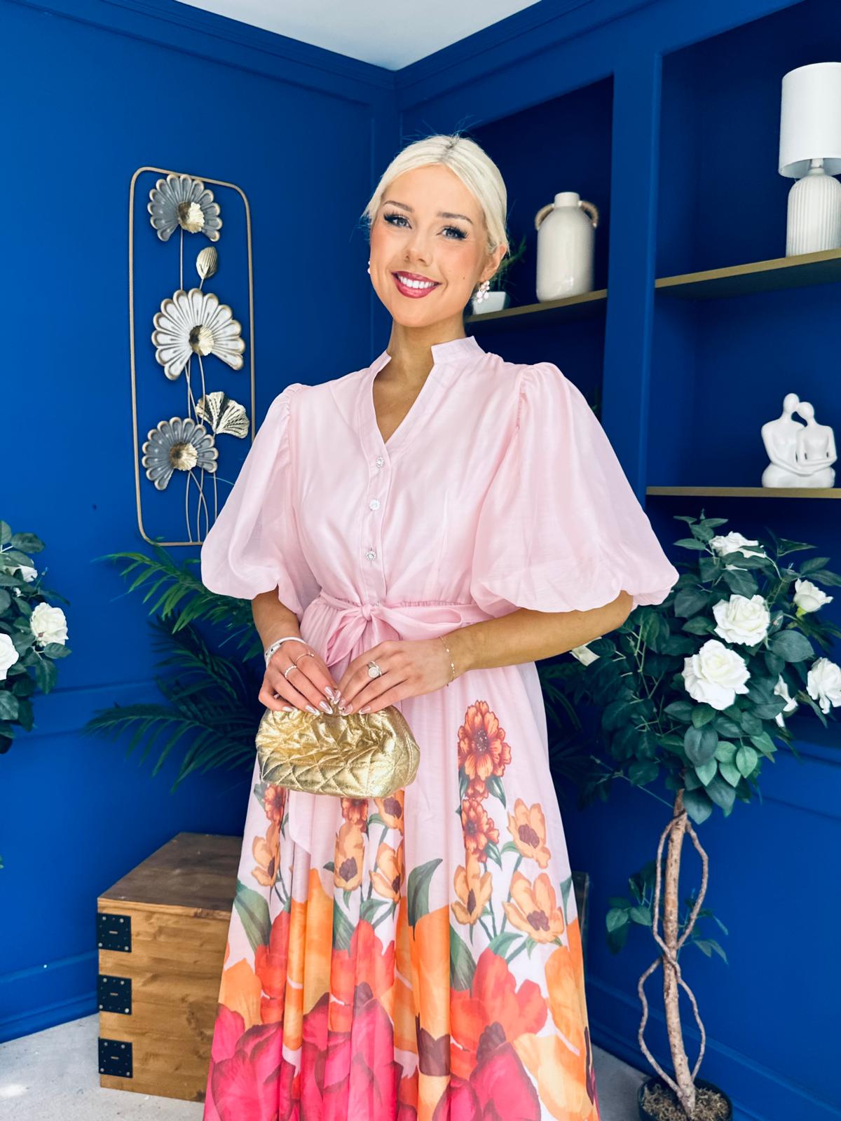 Martina Puff Sleeve Occasion Dress Floral Pink