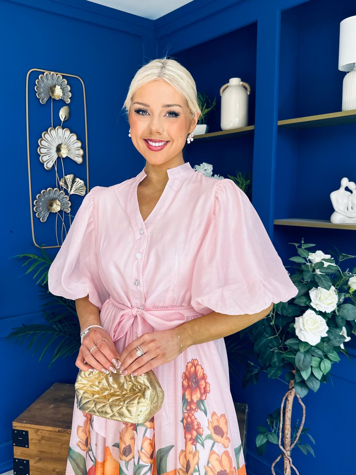 Martina Puff Sleeve Occasion Dress Floral Pink