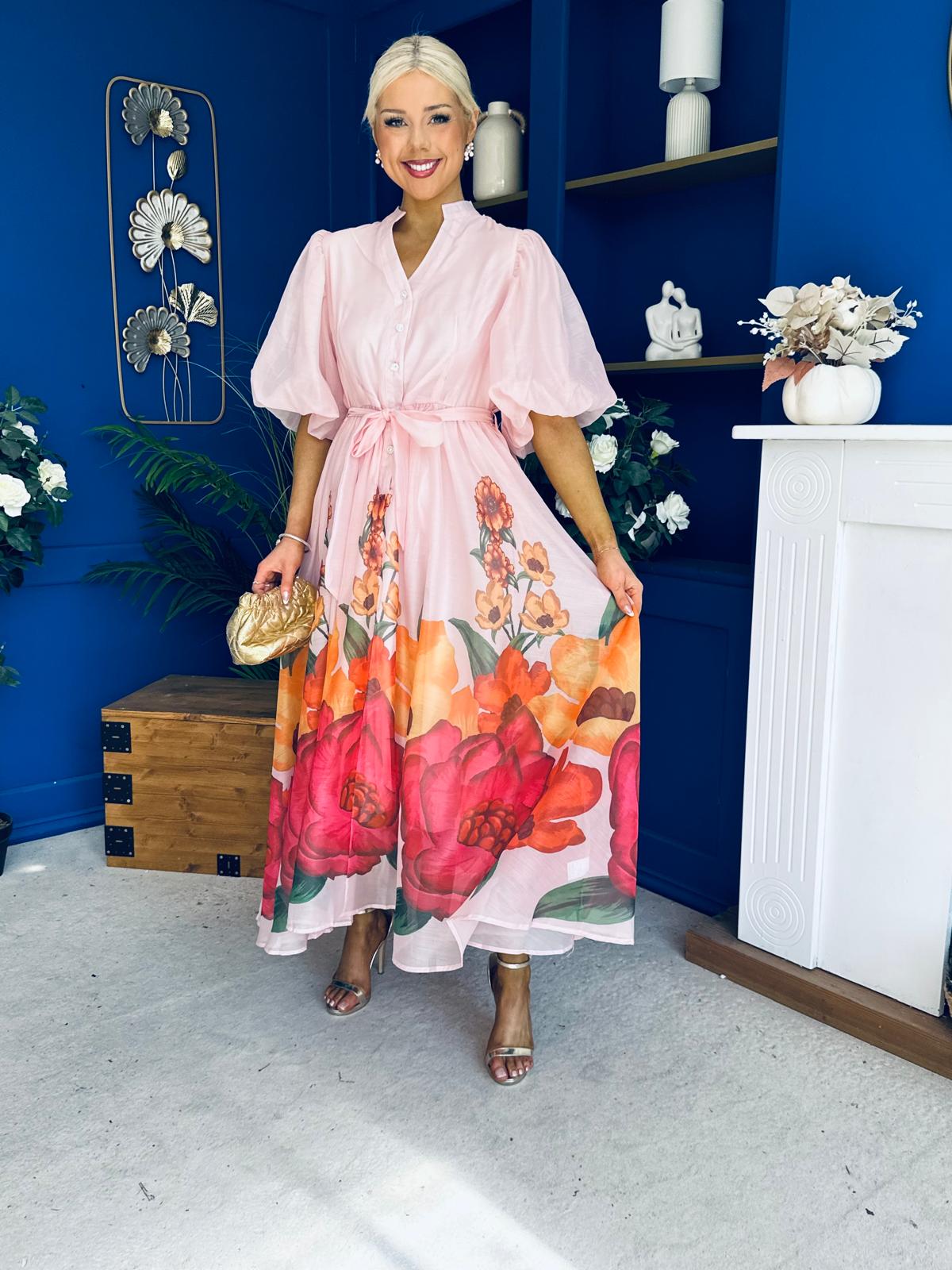 Martina Puff Sleeve Occasion Dress Floral Pink