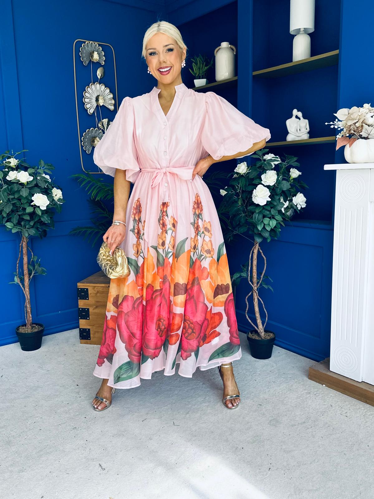 Martina Puff Sleeve Occasion Dress Floral Pink