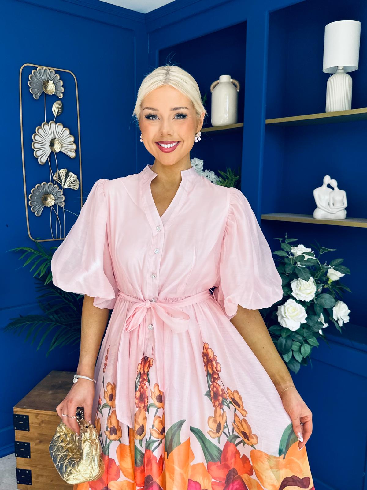 Martina Puff Sleeve Occasion Dress Floral Pink