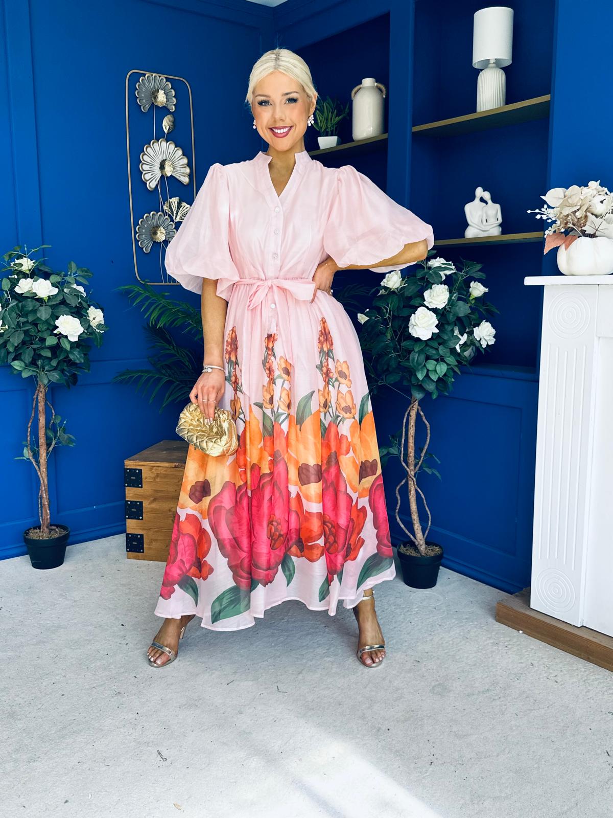 Martina Puff Sleeve Occasion Dress Floral Pink