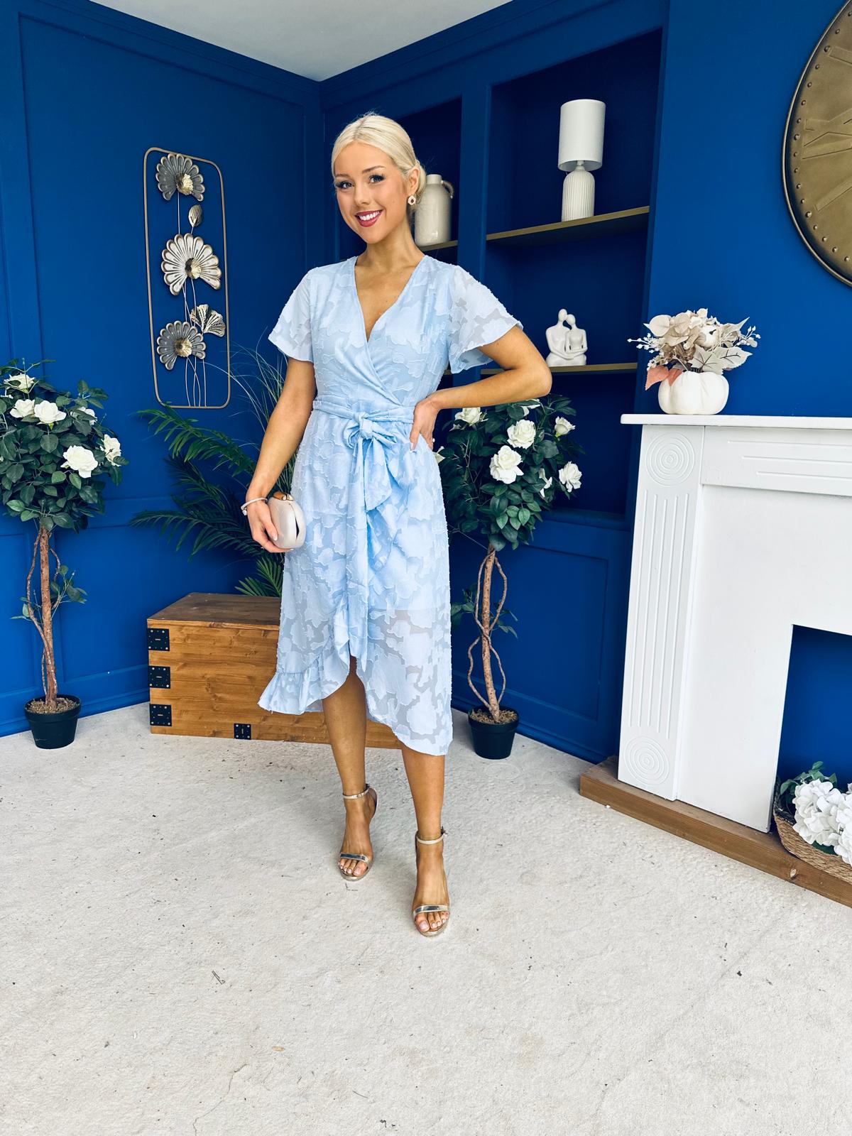 Liana Frill Detail Midi Dress Floral Burnout Blue