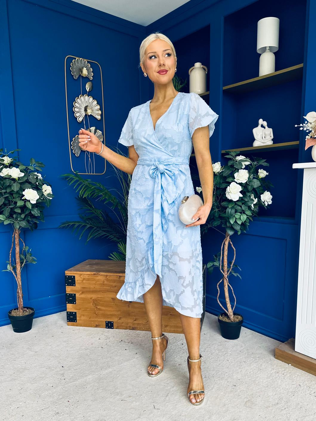 Liana Frill Detail Midi Dress Floral Burnout Blue