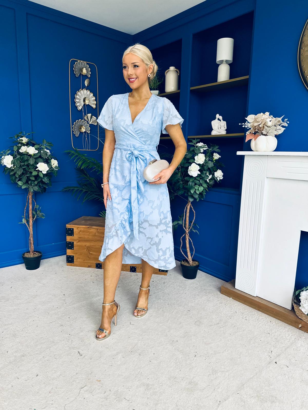 Liana Frill Detail Midi Dress Floral Burnout Blue