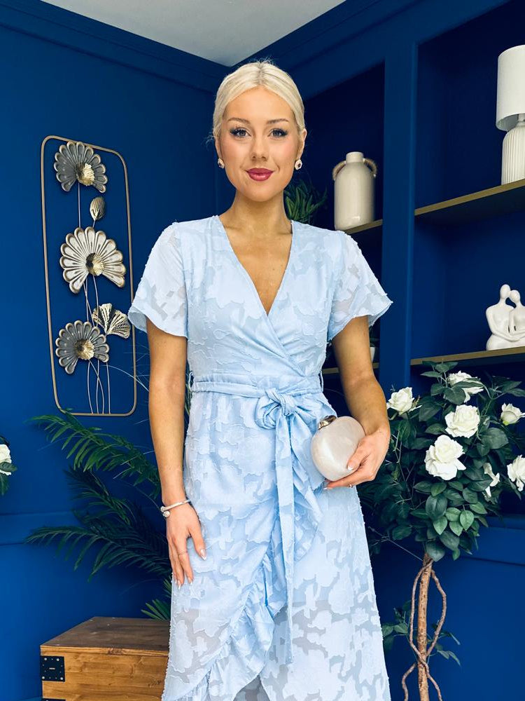 Liana Frill Detail Midi Dress Floral Burnout Blue