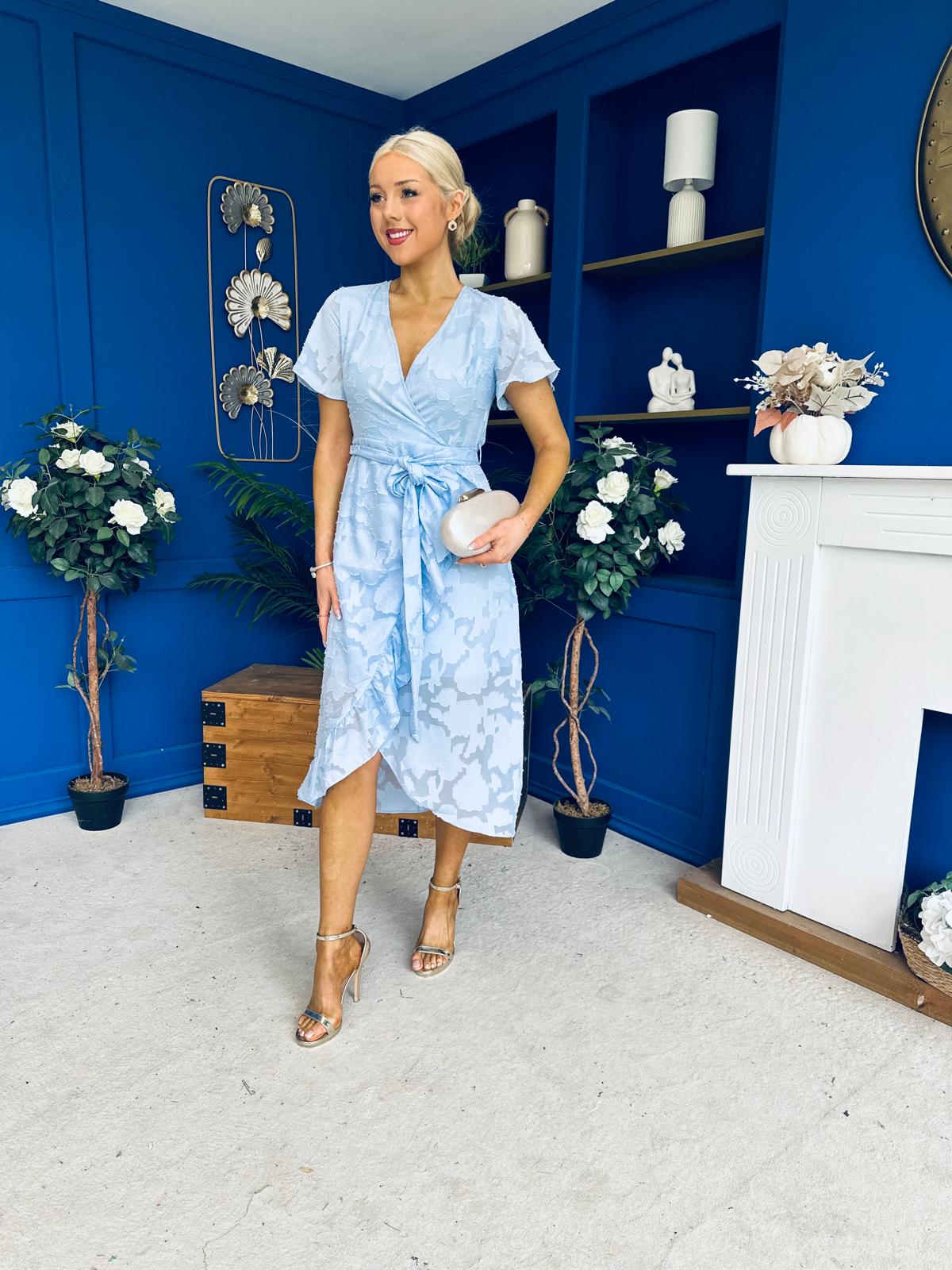 Liana Frill Detail Midi Dress Floral Burnout Blue