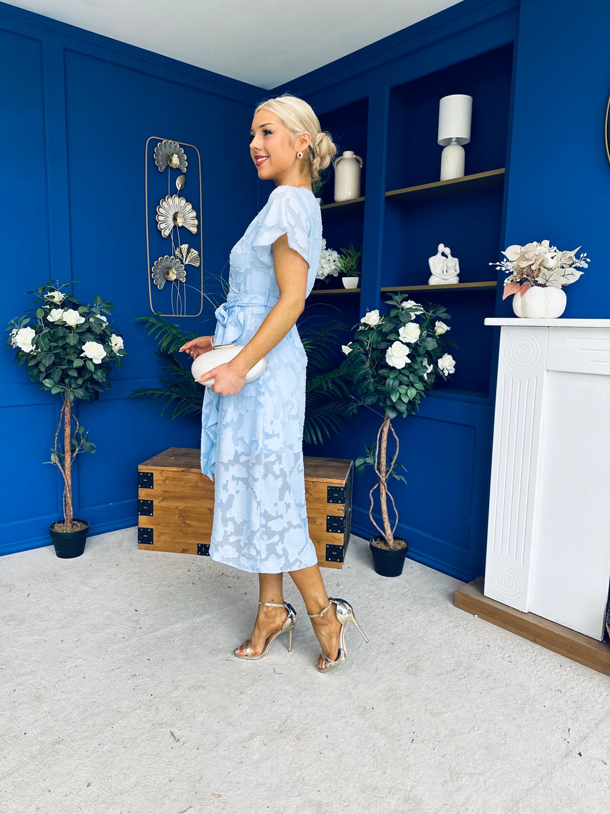 Liana Frill Detail Midi Dress Floral Burnout Blue