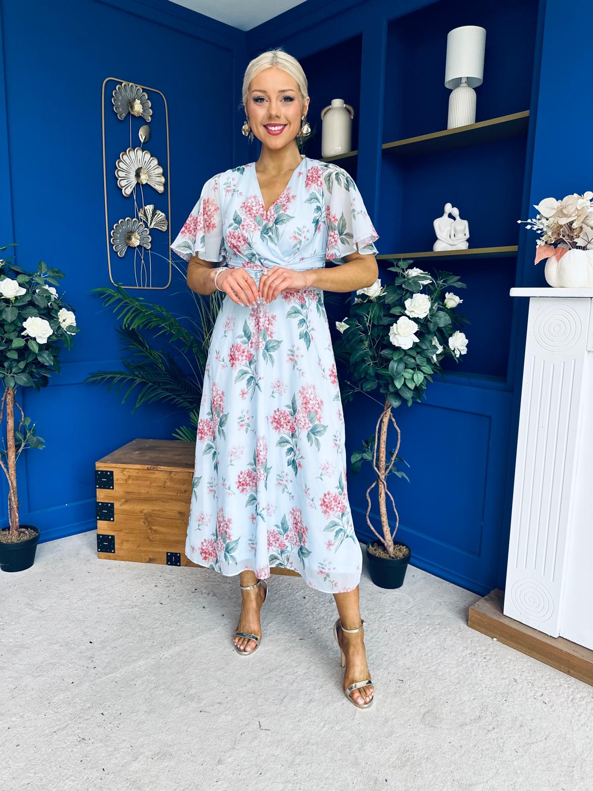 Daisy Twist Detail Midi Dress Floral Blue