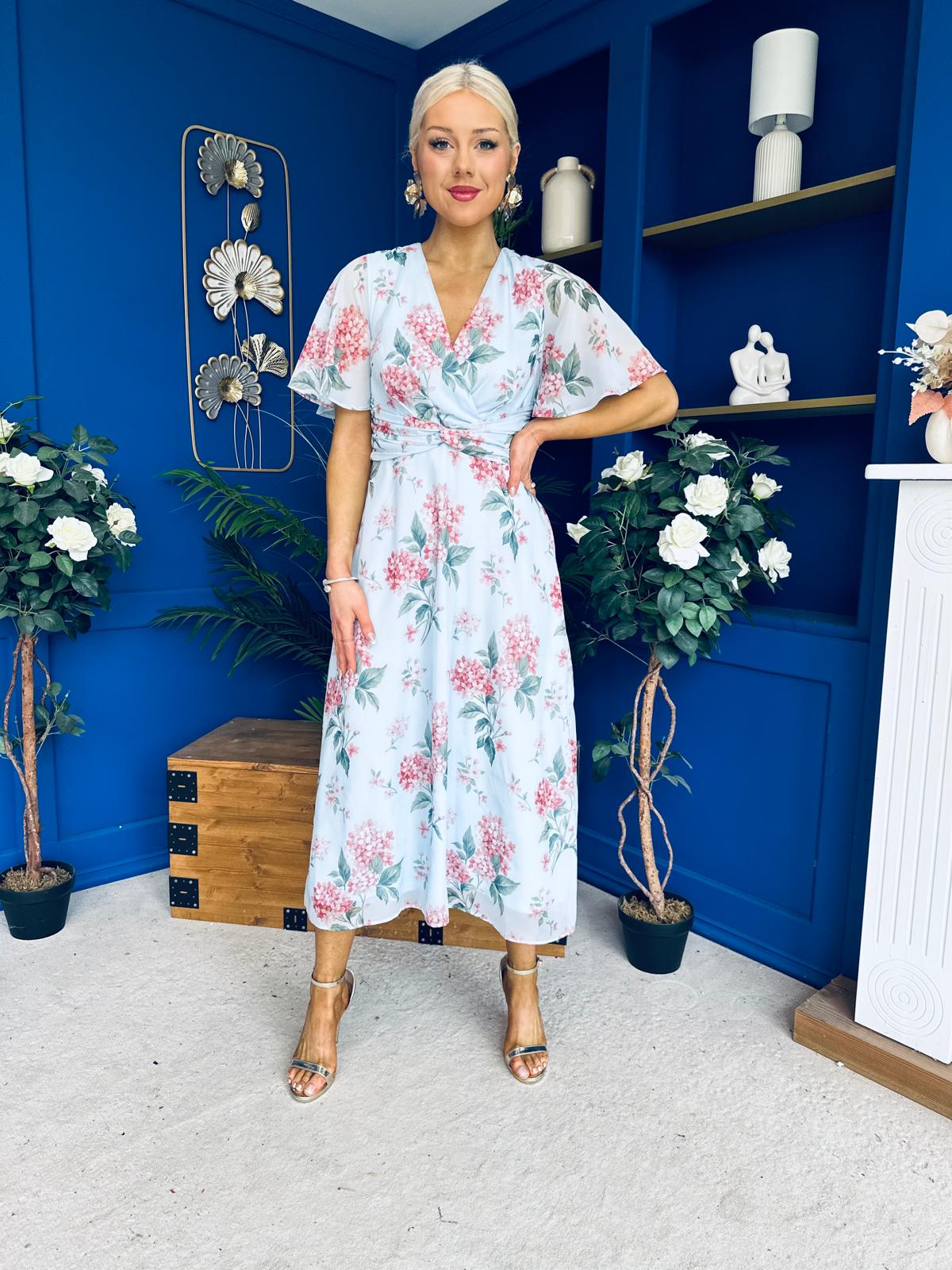 Daisy Twist Detail Midi Dress Floral Blue