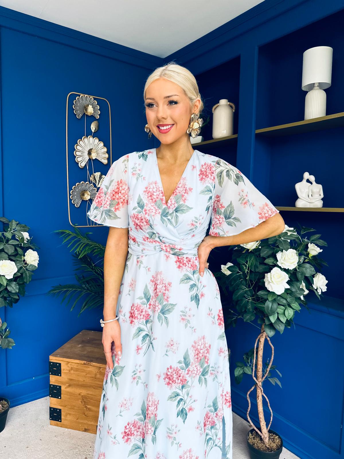 Daisy Twist Detail Midi Dress Floral Blue
