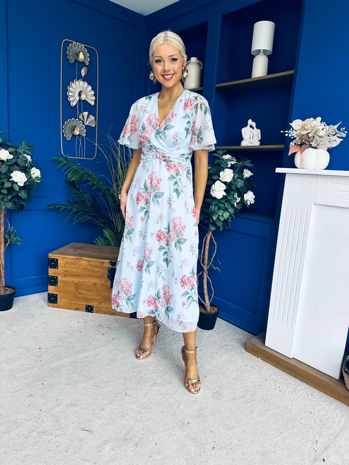 Daisy Twist Detail Midi Dress Floral Blue