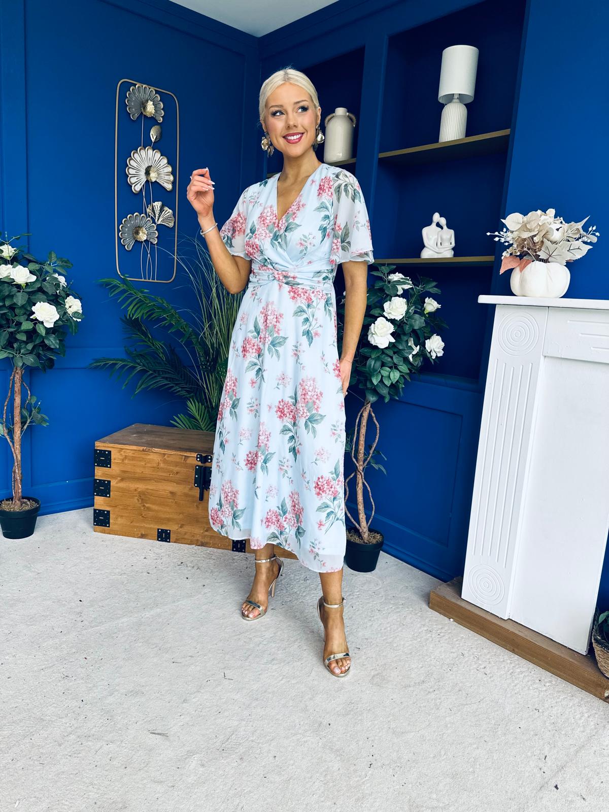 Daisy Twist Detail Midi Dress Floral Blue