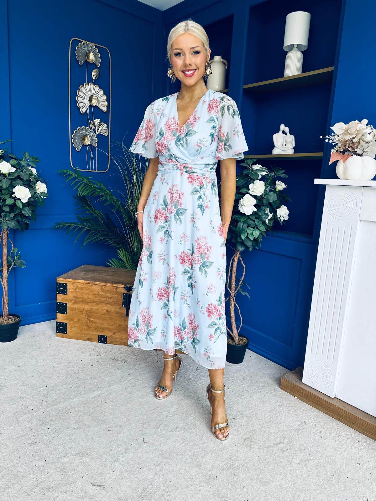 Daisy Twist Detail Midi Dress Floral Blue
