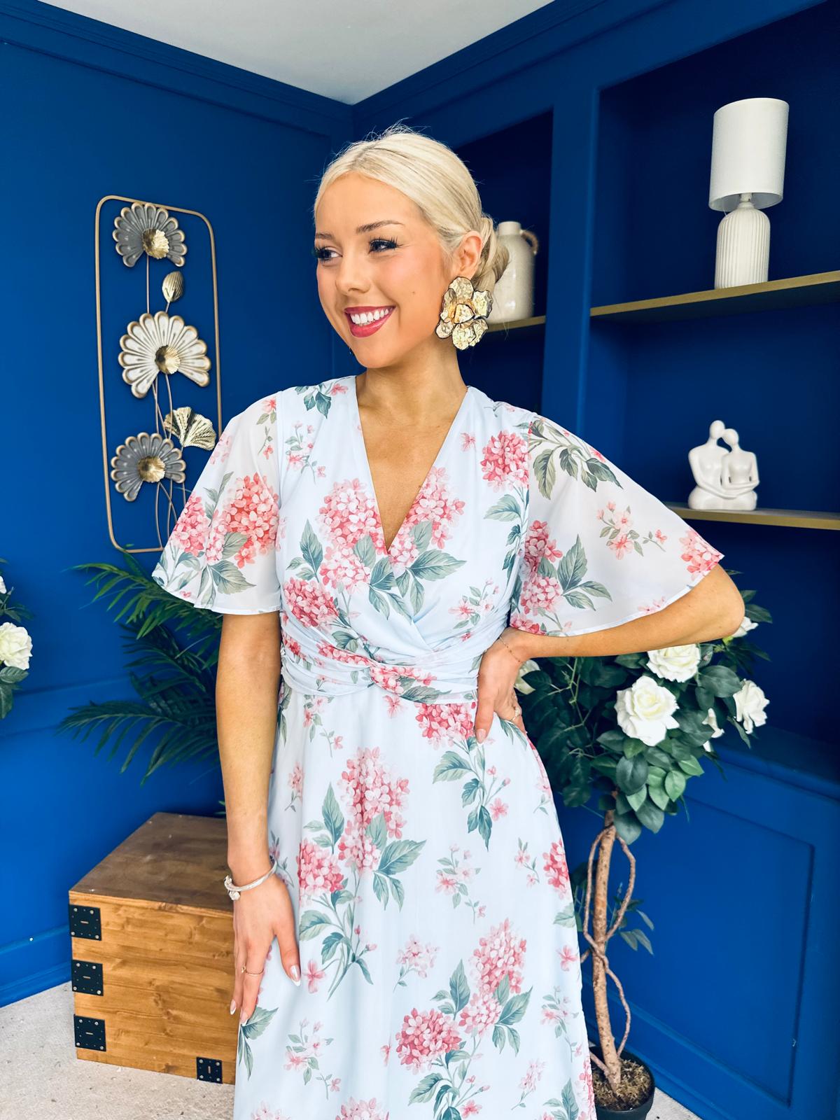 Daisy Twist Detail Midi Dress Floral Blue