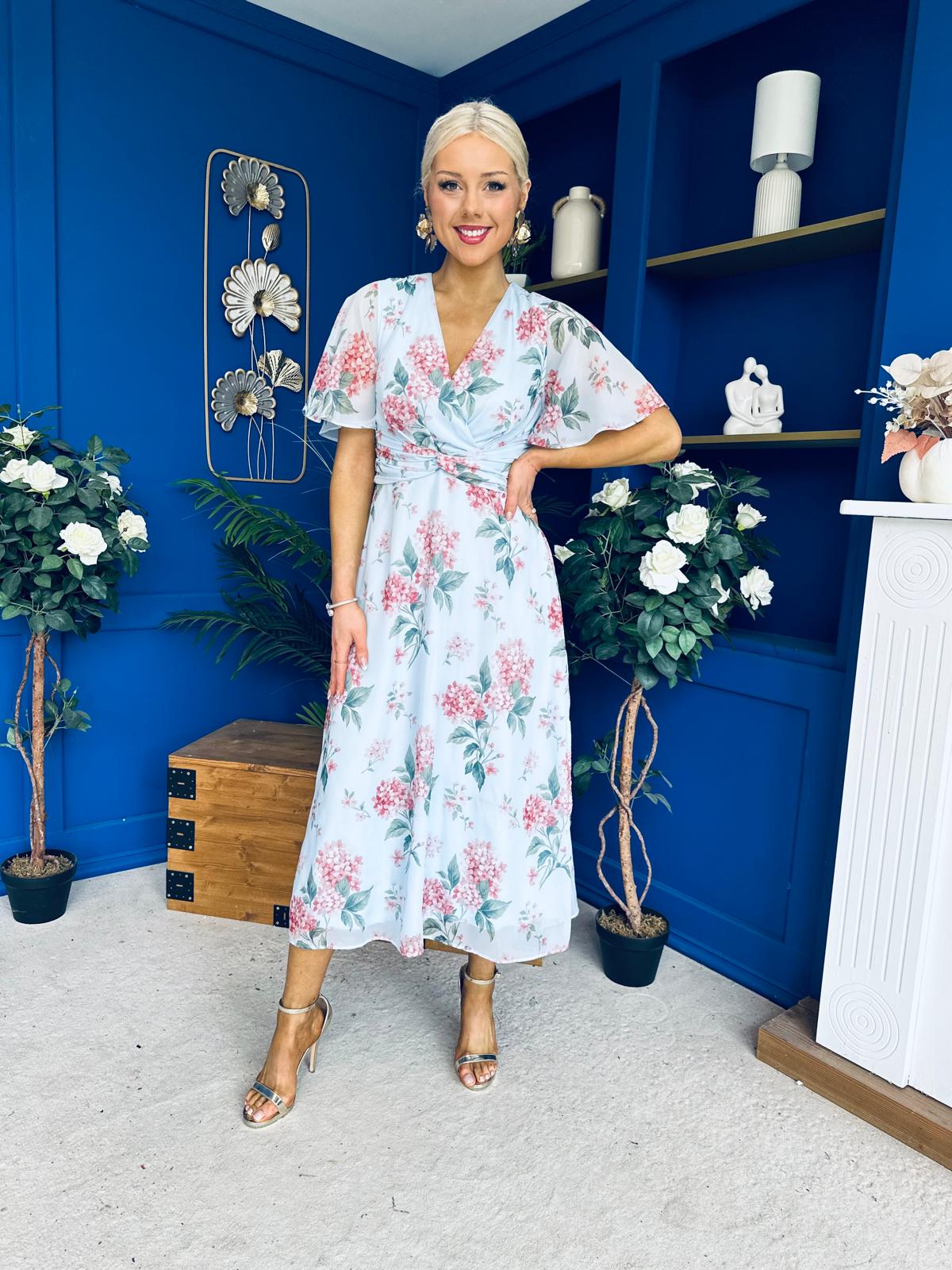 Daisy Twist Detail Midi Dress Floral Blue
