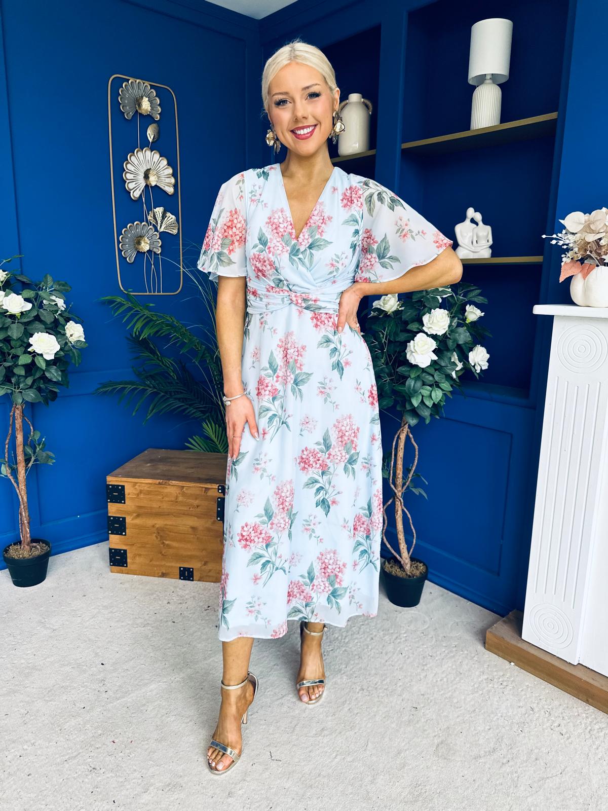 Daisy Twist Detail Midi Dress Floral Blue