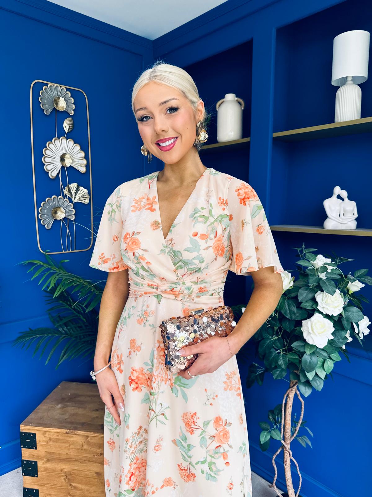 Daisy Twist Detail Midi Dress Floral Orange