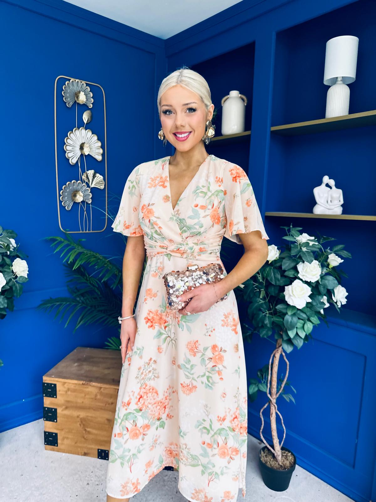 Daisy Twist Detail Midi Dress Floral Orange