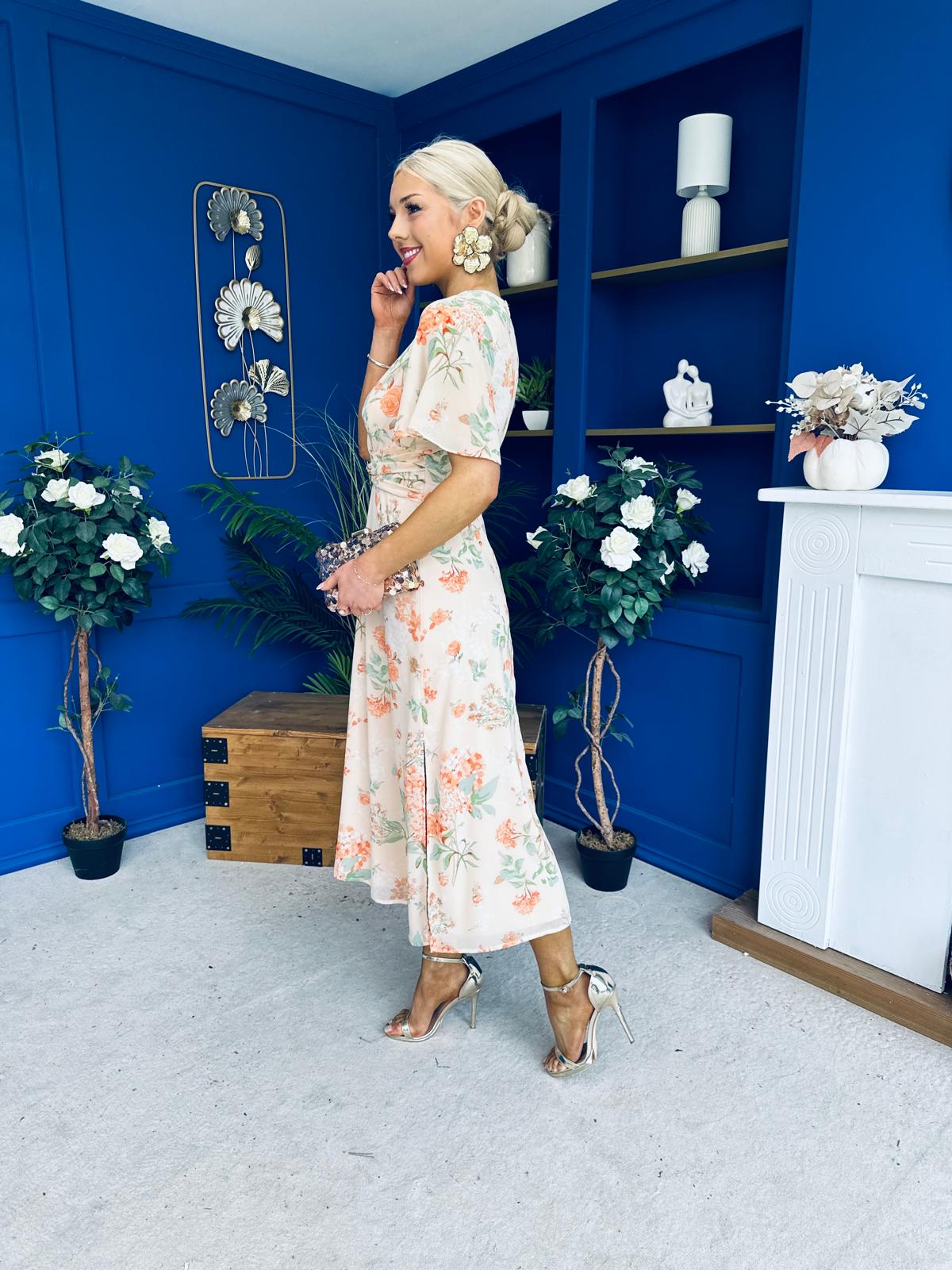 Daisy Twist Detail Midi Dress Floral Orange