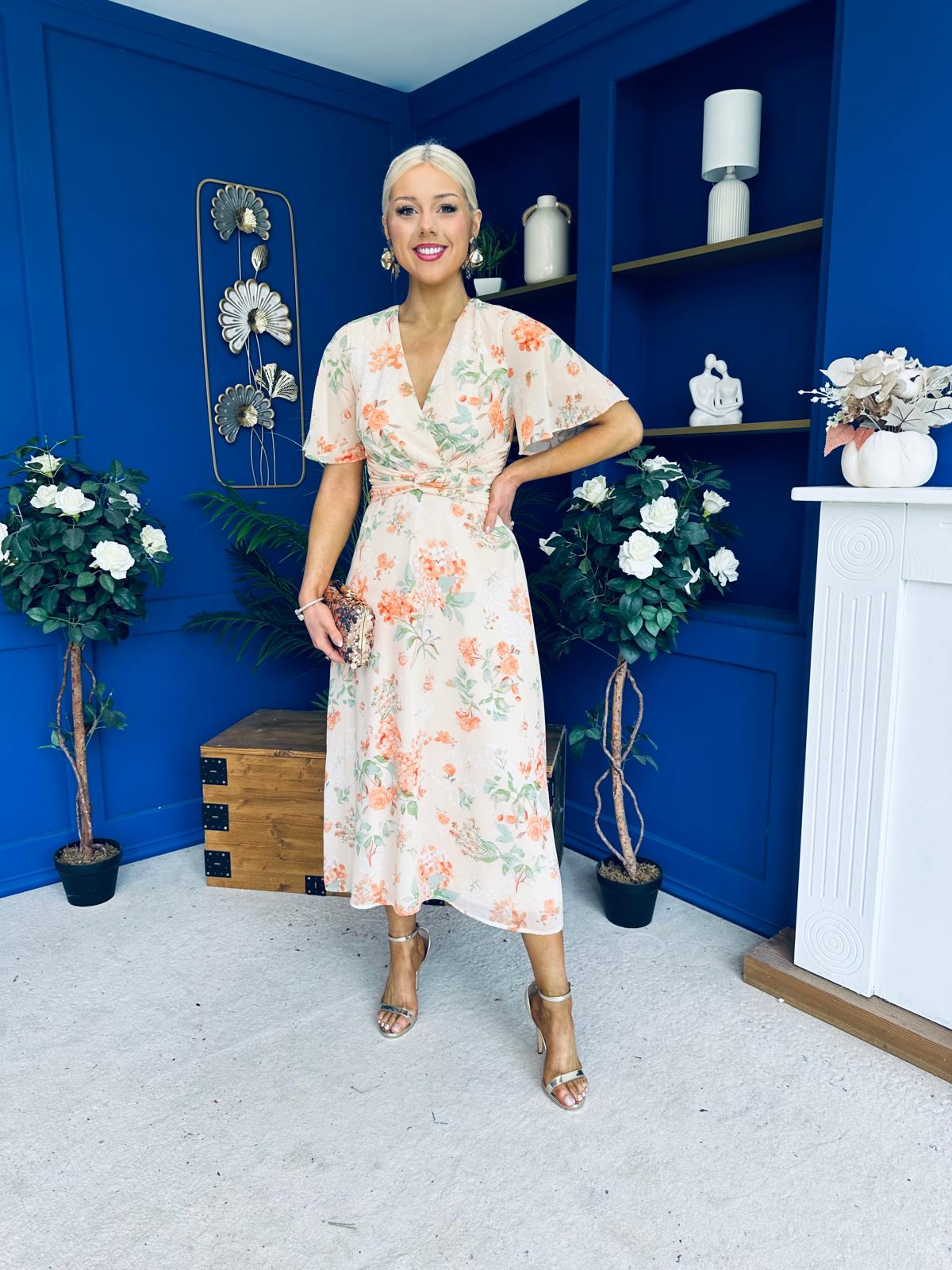 Daisy Twist Detail Midi Dress Floral Orange