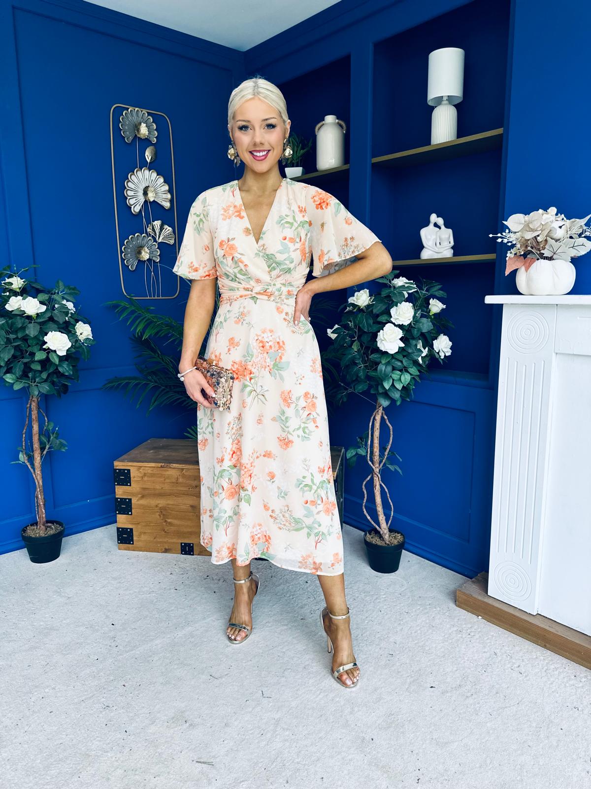 Daisy Twist Detail Midi Dress Floral Orange