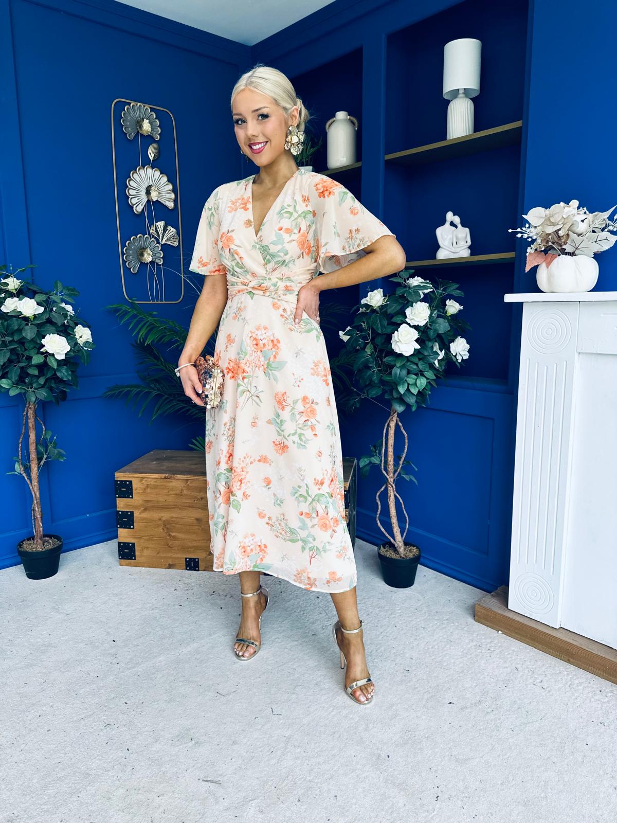 Daisy Twist Detail Midi Dress Floral Orange