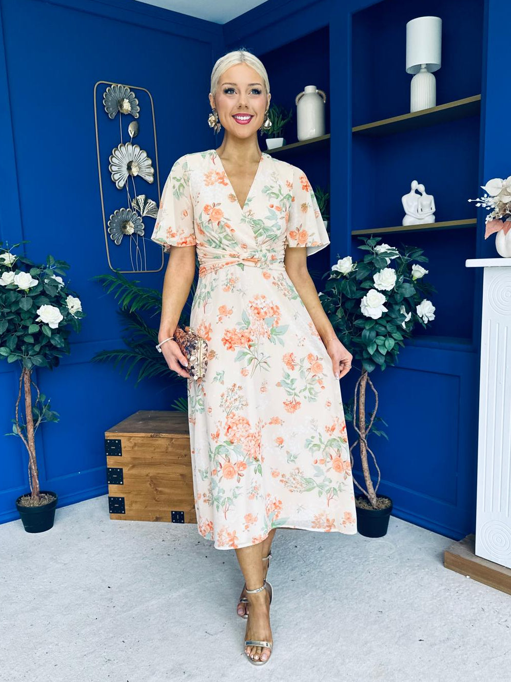 Daisy Twist Detail Midi Dress Floral Orange