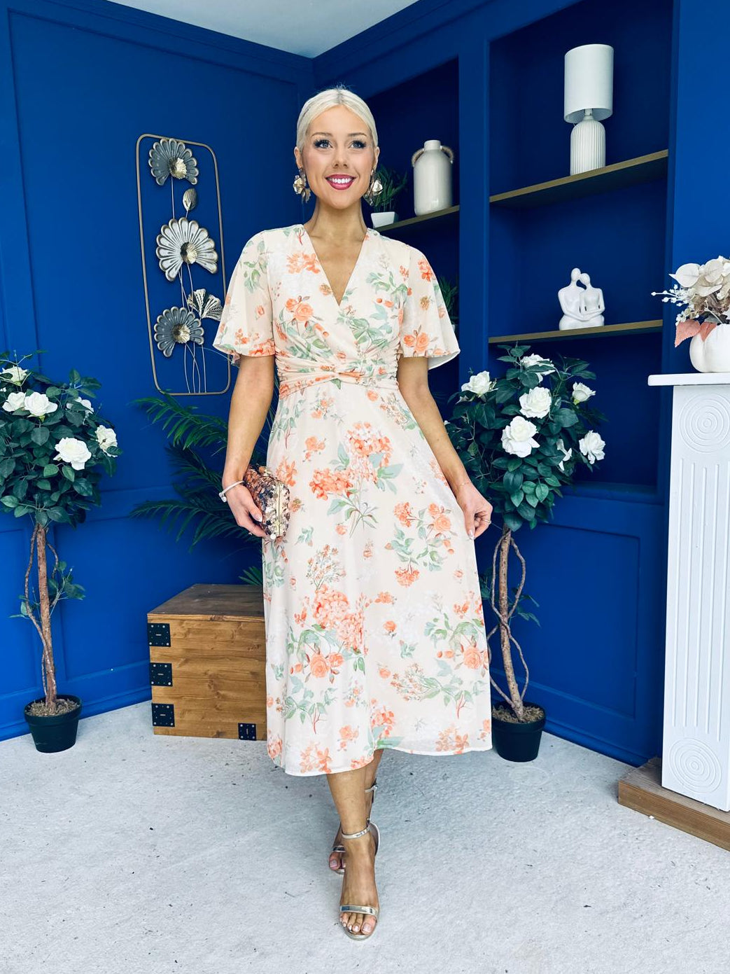 Daisy Twist Detail Midi Dress Floral Orange