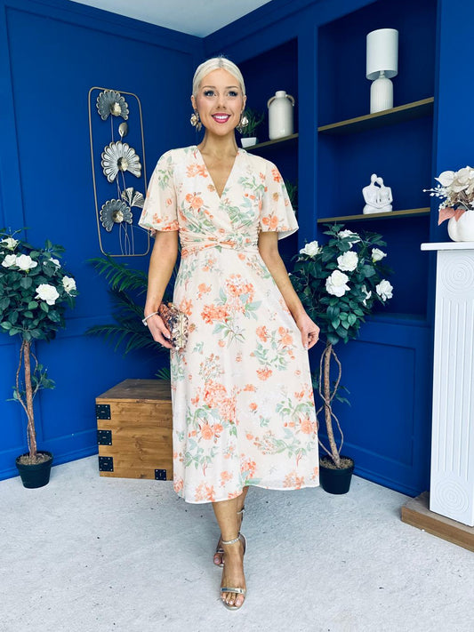 Daisy Twist Detail Midi Dress Floral Orange