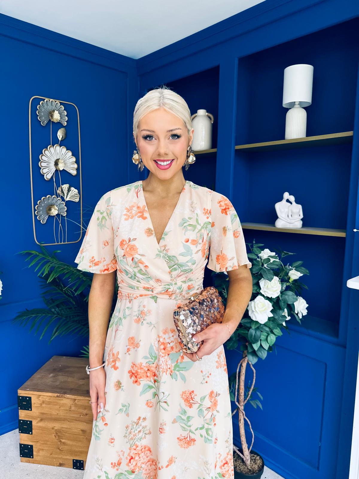 Daisy Twist Detail Midi Dress Floral Orange
