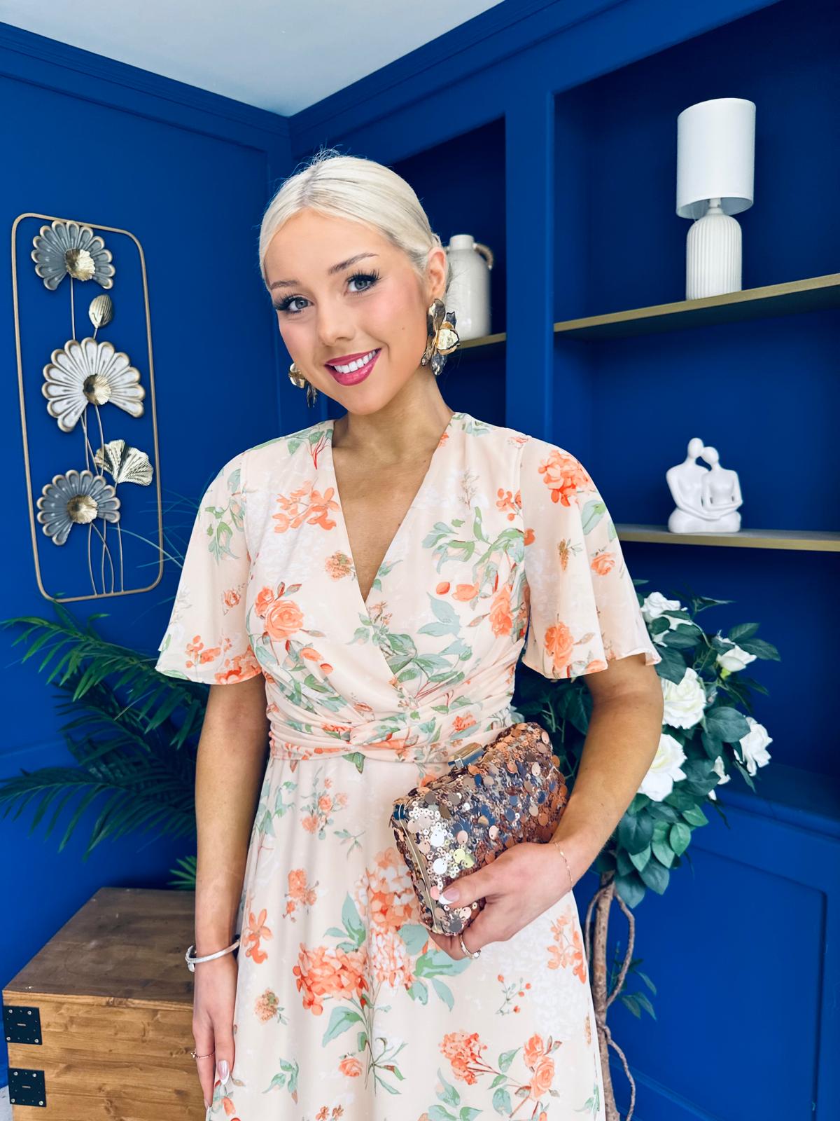 Daisy Twist Detail Midi Dress Floral Orange