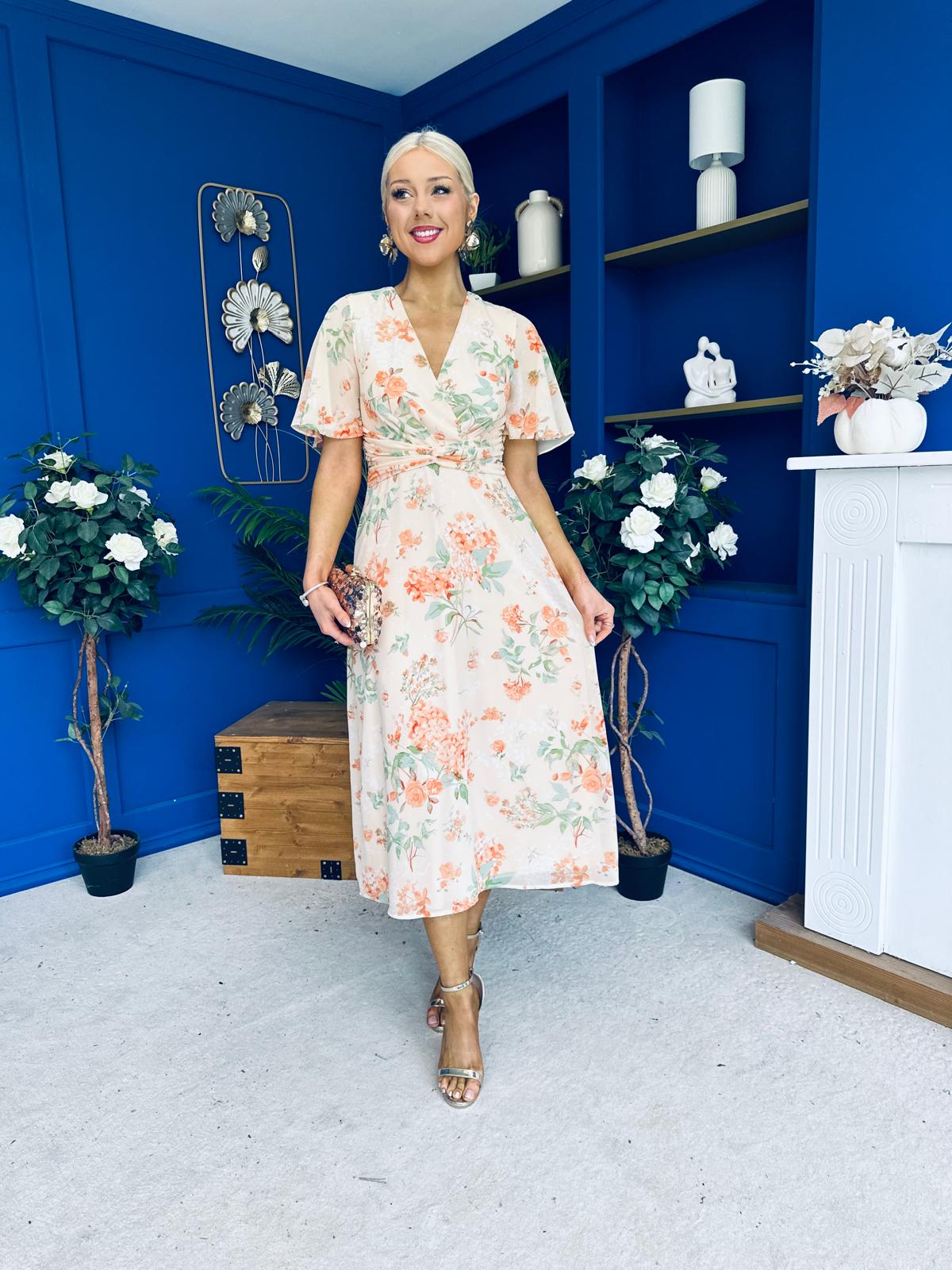Daisy Twist Detail Midi Dress Floral Orange