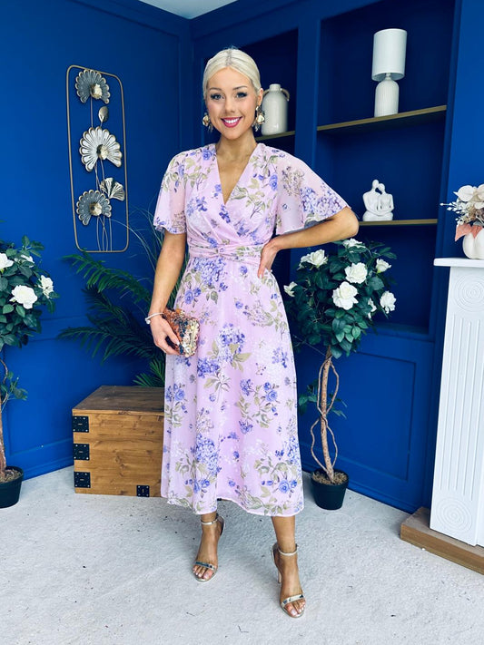 Daisy Twist Detail Midi Dress Floral Lilac