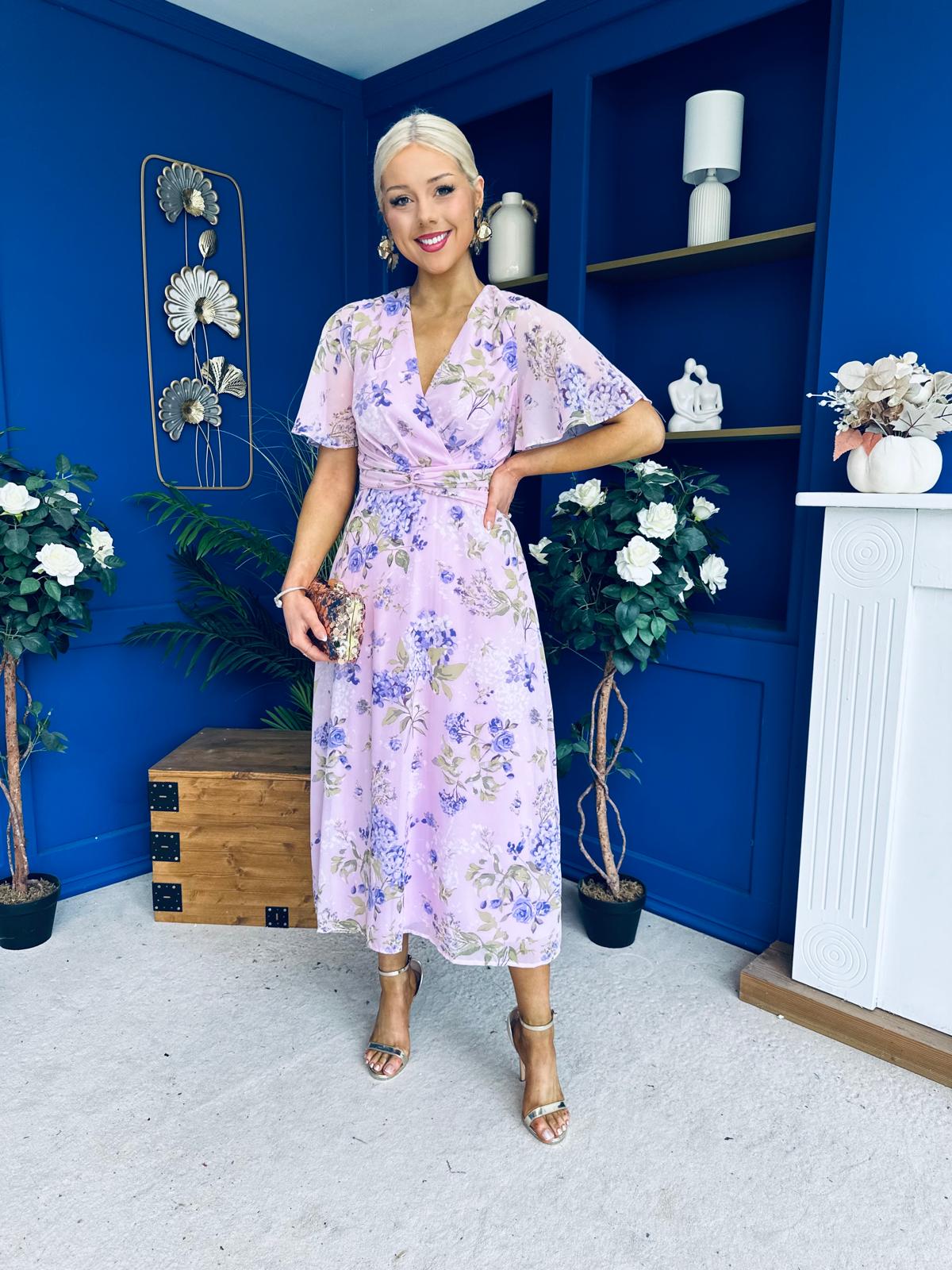 Daisy Twist Detail Midi Dress Floral Lilac