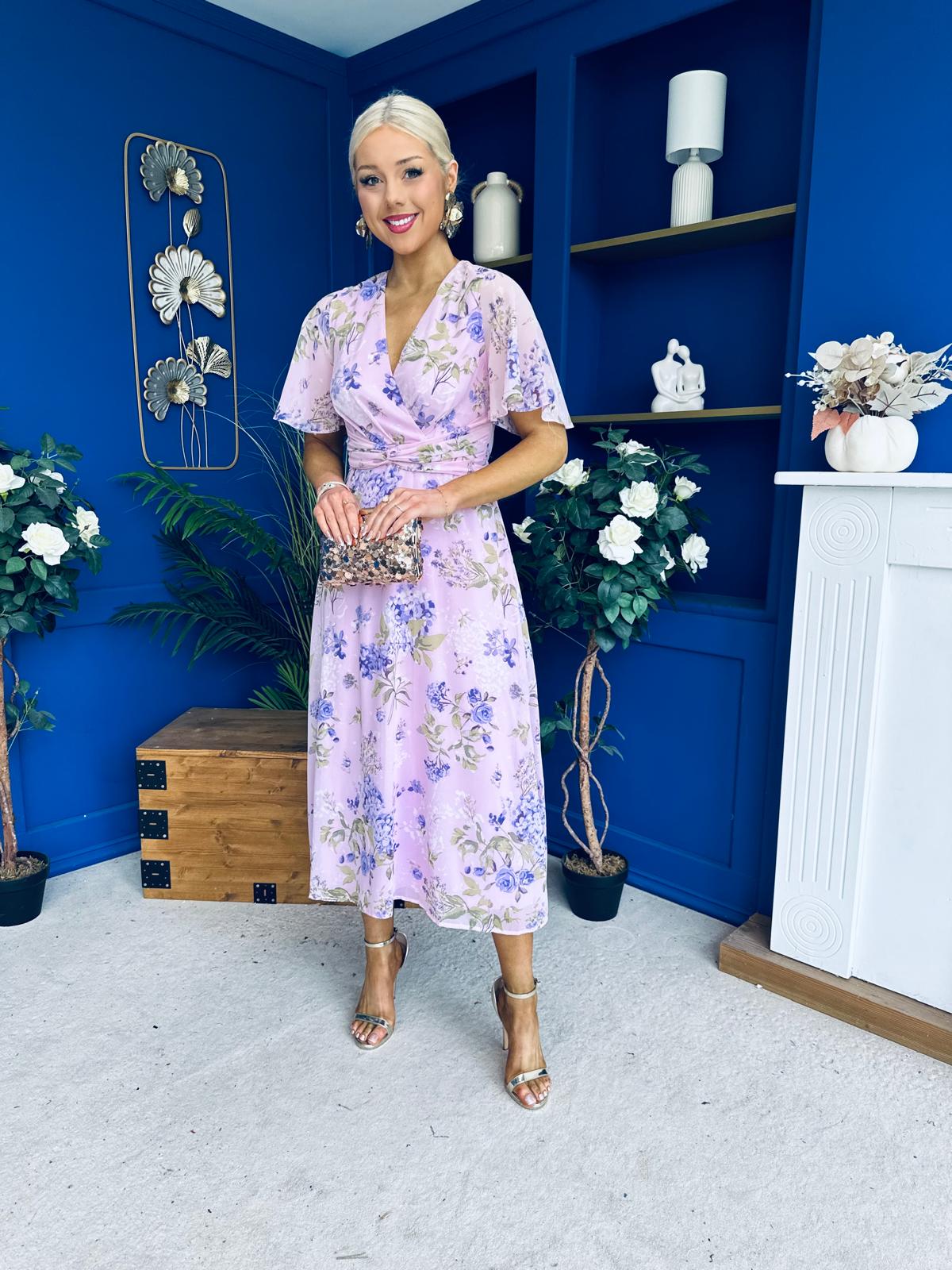 Daisy Twist Detail Midi Dress Floral Lilac