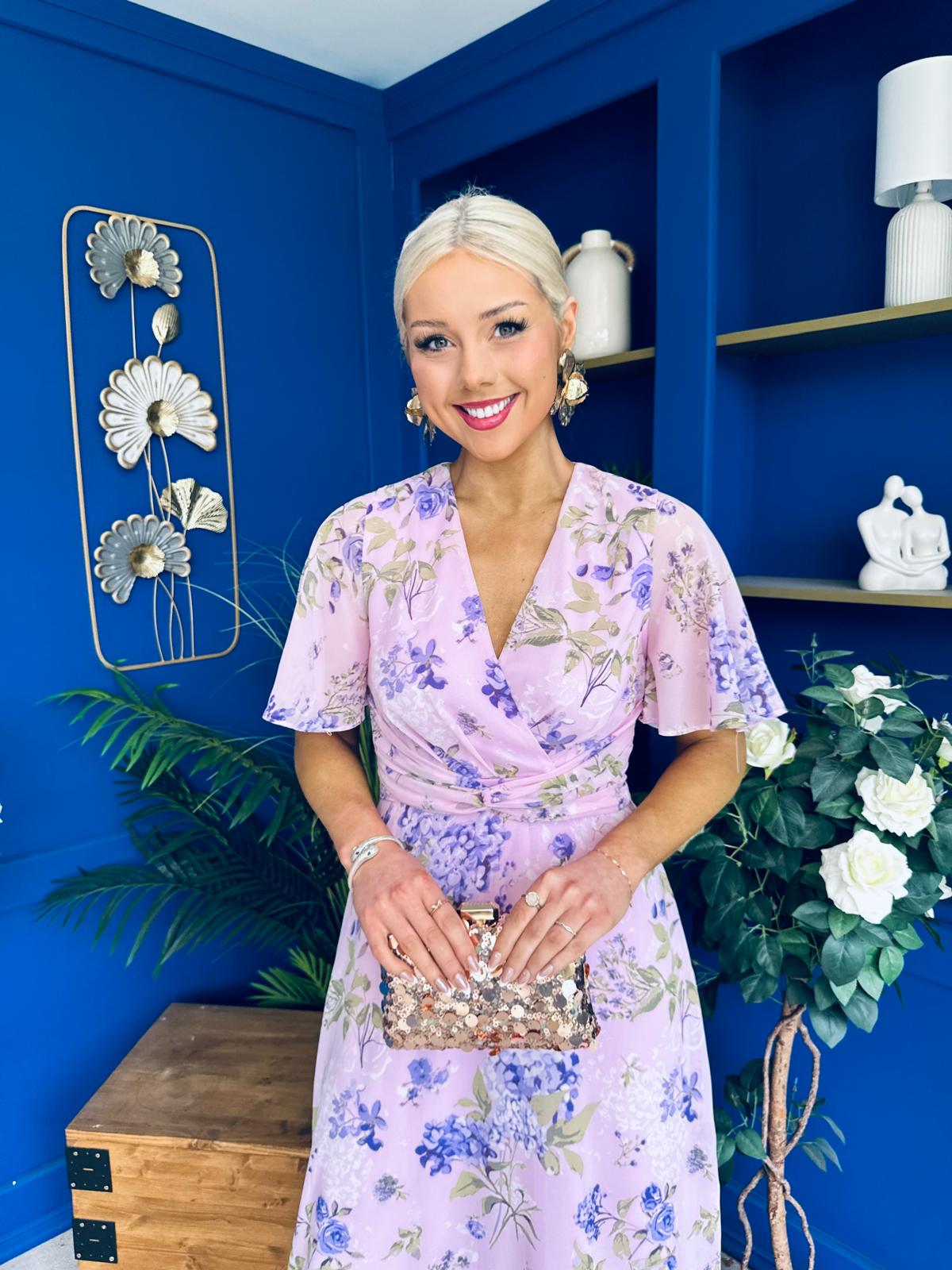Daisy Twist Detail Midi Dress Floral Lilac