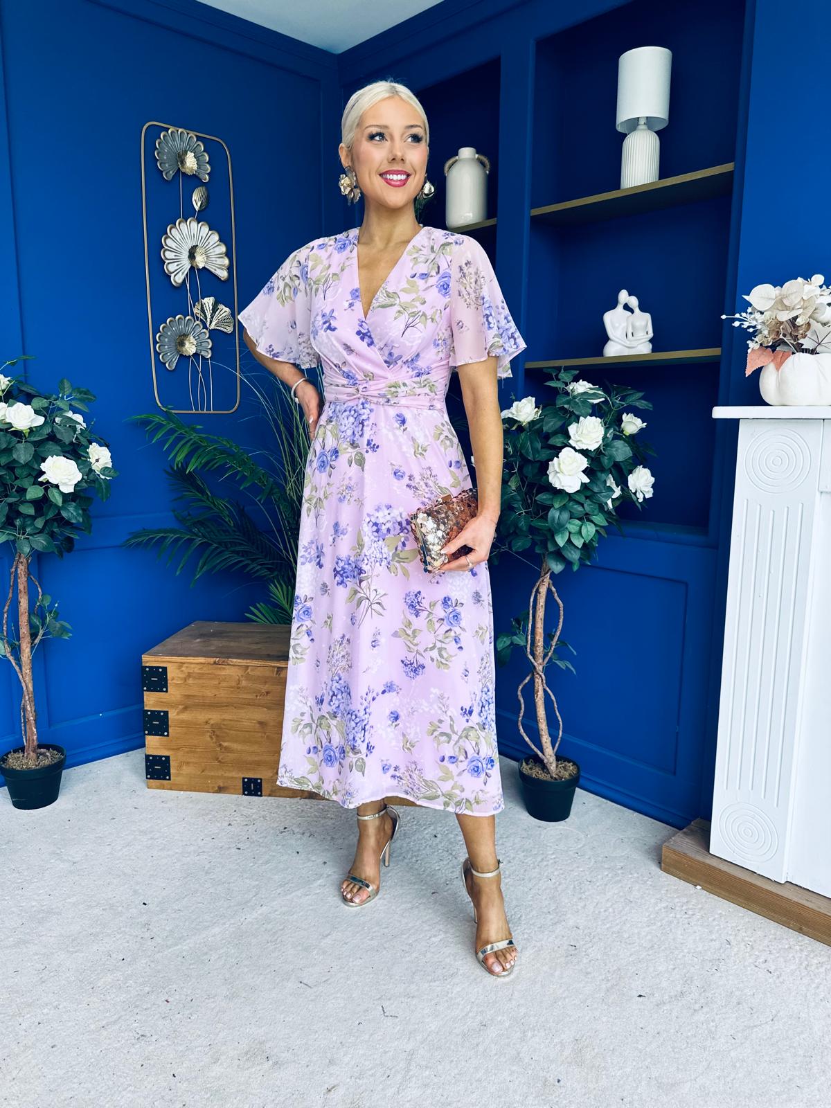 Daisy Twist Detail Midi Dress Floral Lilac