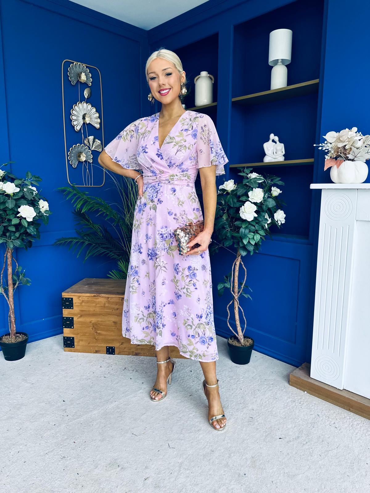 Daisy Twist Detail Midi Dress Floral Lilac