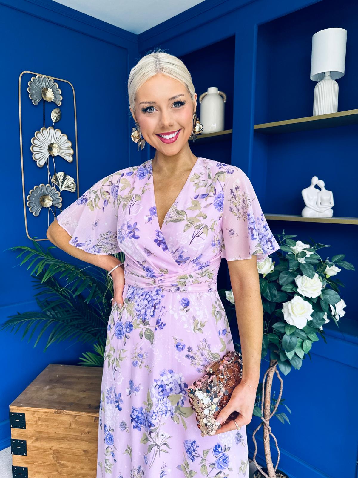 Daisy Twist Detail Midi Dress Floral Lilac