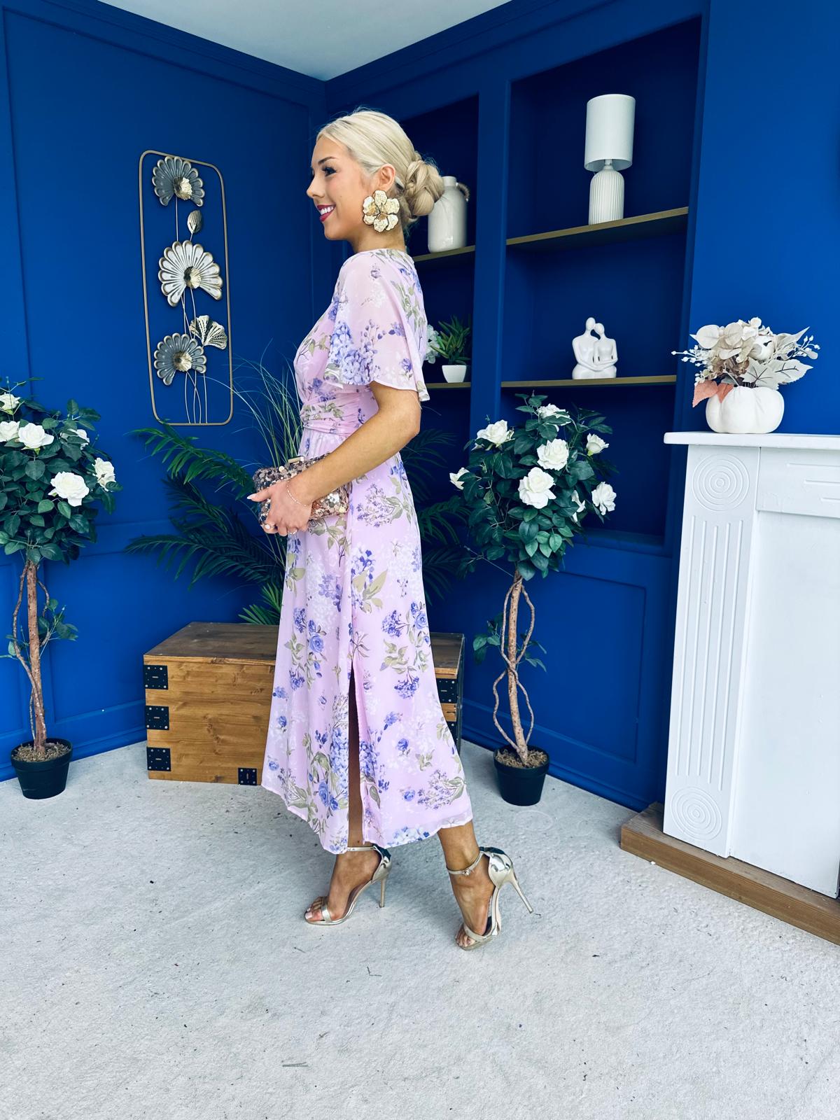 Daisy Twist Detail Midi Dress Floral Lilac