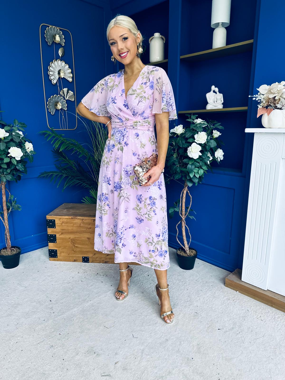 Daisy Twist Detail Midi Dress Floral Lilac