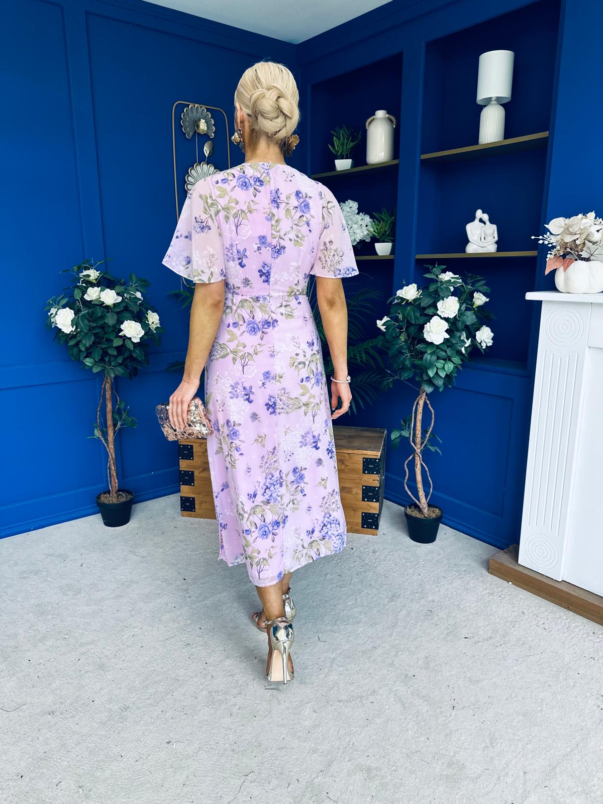 Daisy Twist Detail Midi Dress Floral Lilac