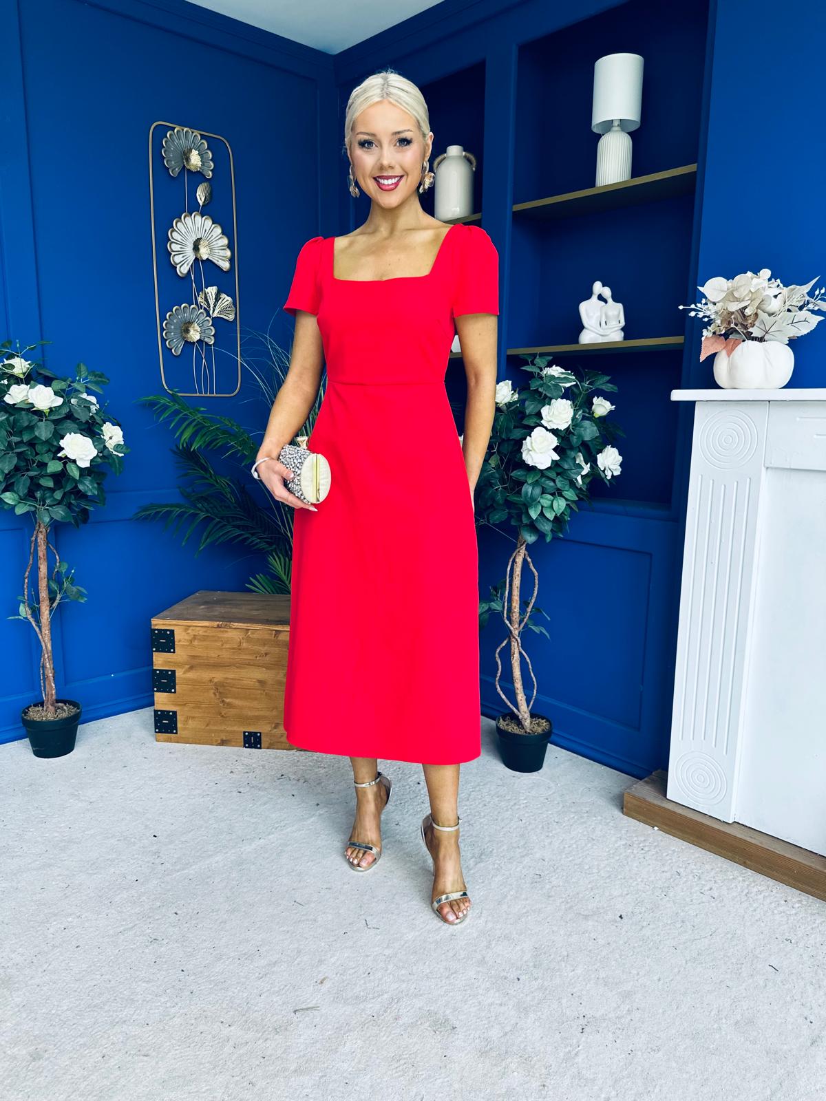 Valentina Square Neck Short Sleeve Midi Dress Red