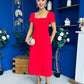 Valentina Square Neck Short Sleeve Midi Dress Red