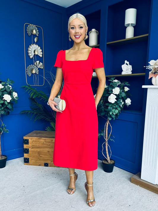 Valentina Square Neck Short Sleeve Midi Dress Red
