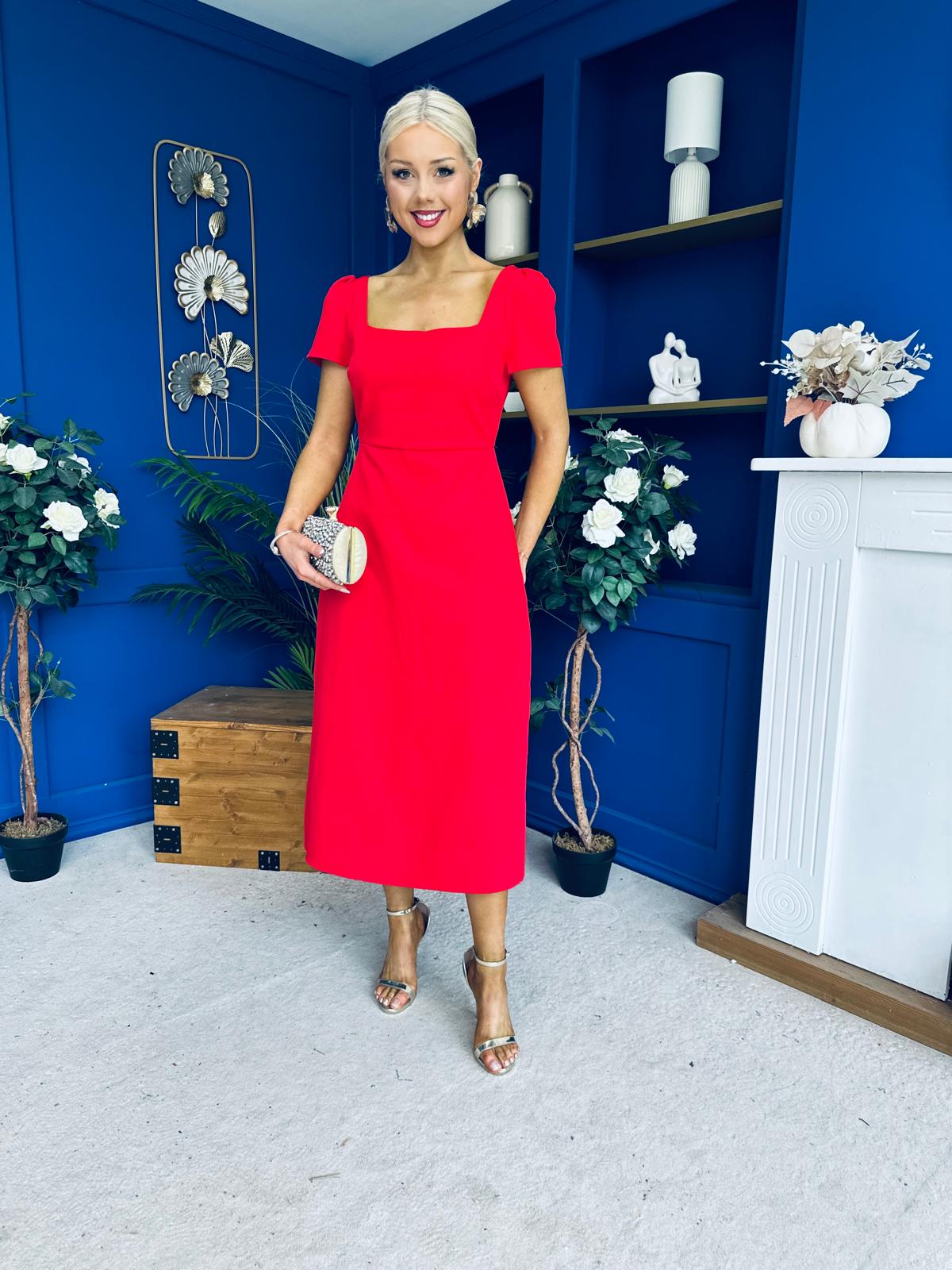 Valentina Square Neck Short Sleeve Midi Dress Red