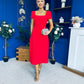 Valentina Square Neck Short Sleeve Midi Dress Red